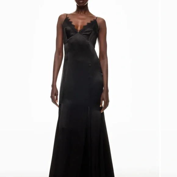 L'AGENCE Black Silk Gown with Lace Edging